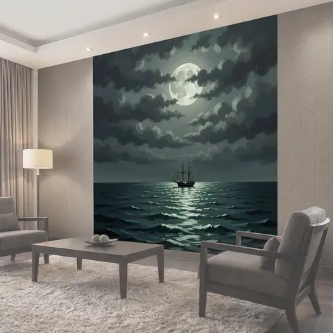 Фотообои Парусник в лунном море ночью