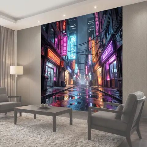 Фотообои Неоновый городской переулок в дождь
