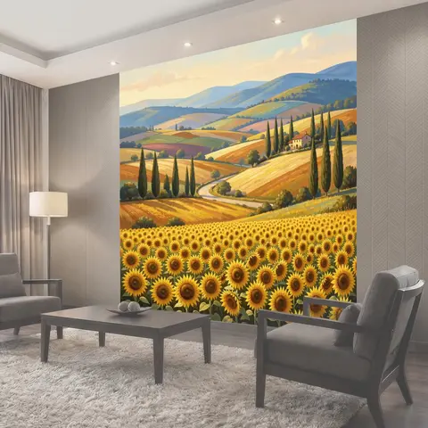 Фотообои Подсолнухи среди тосканских холмов