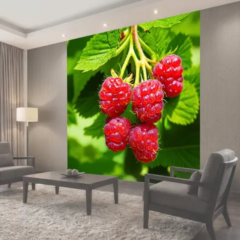 Фотообои Сочные красные малины на фоне зелёных листьев