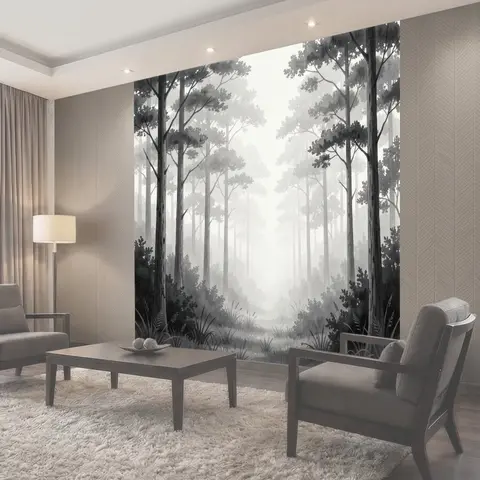 Фотообои Туманный лес с высокими деревьями