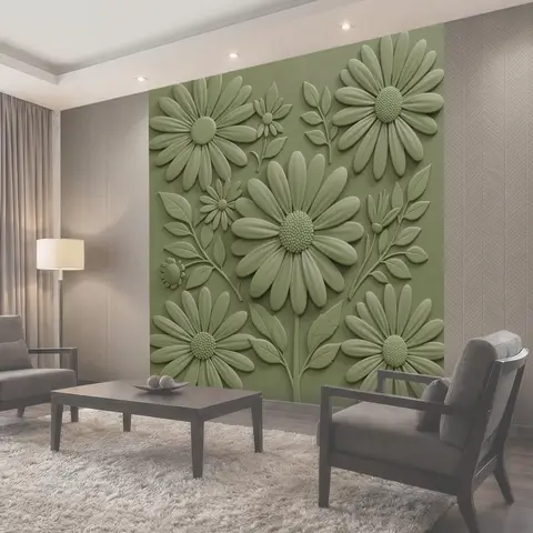 Фотообои 3D ромашки и листва в пастели