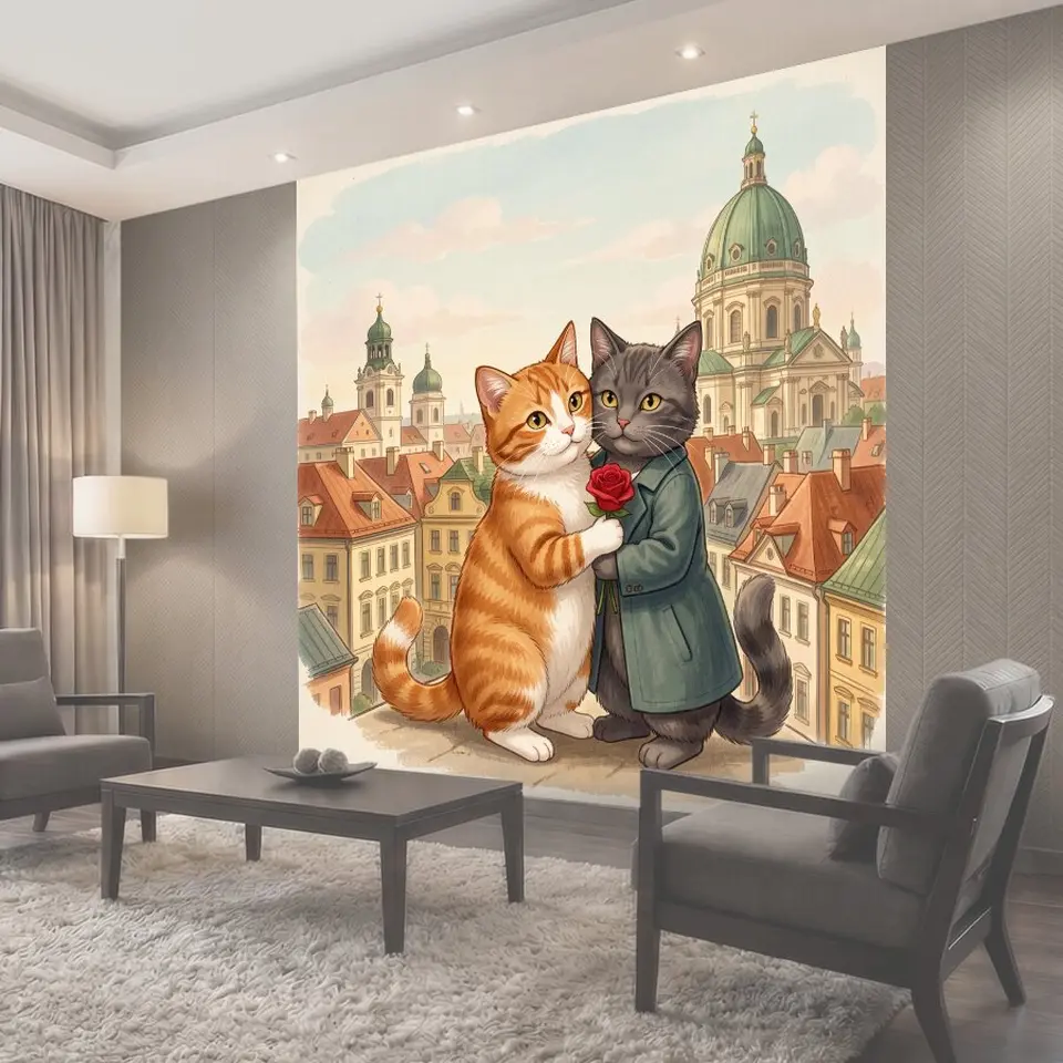 Фотообои Два кота с розой на крыше