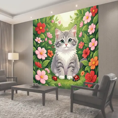 Фотообои Котёнок среди цветов и божьих коровок