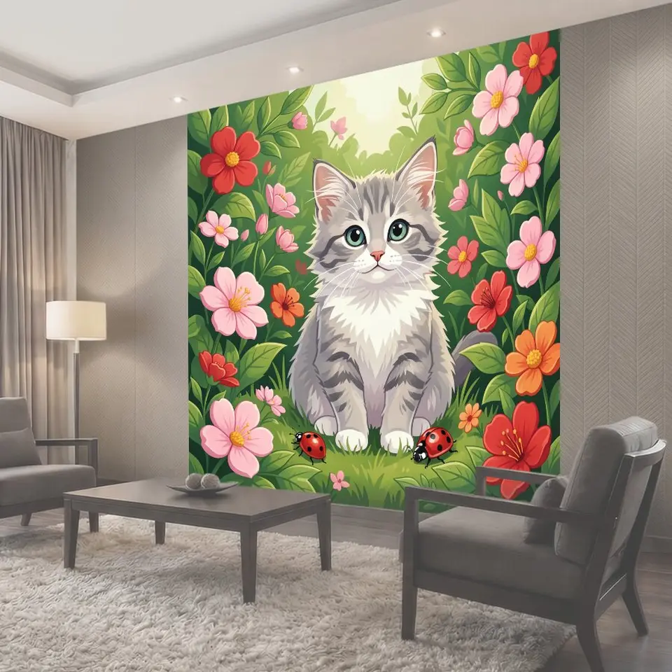 Фотообои Котёнок среди цветов и божьих коровок