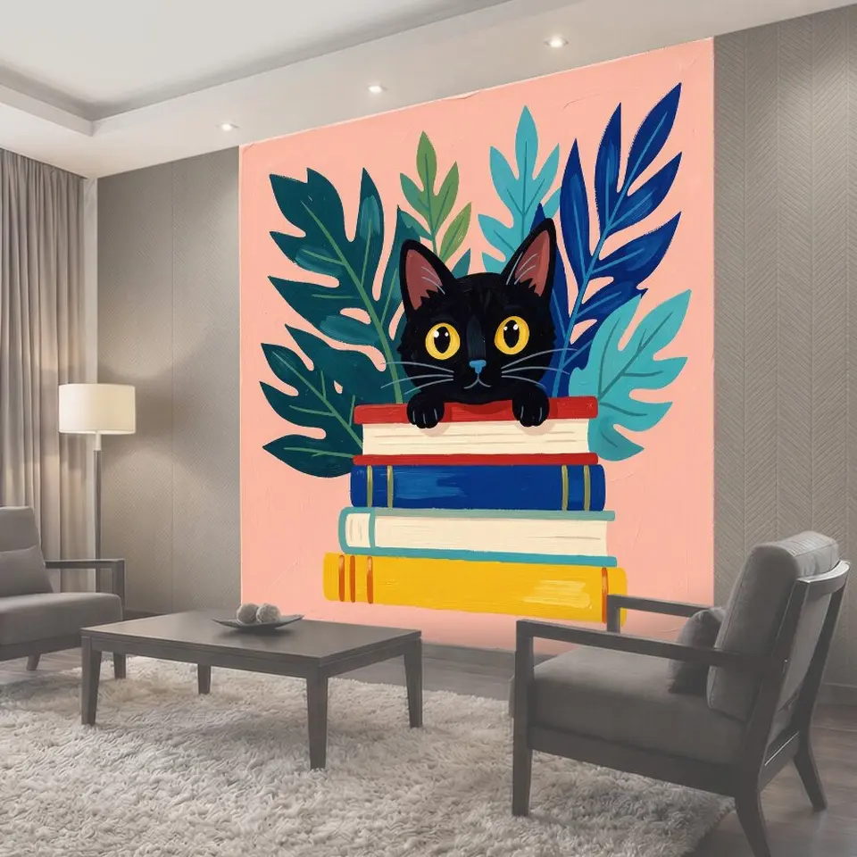 Фотообои Черный кот на стопке книг