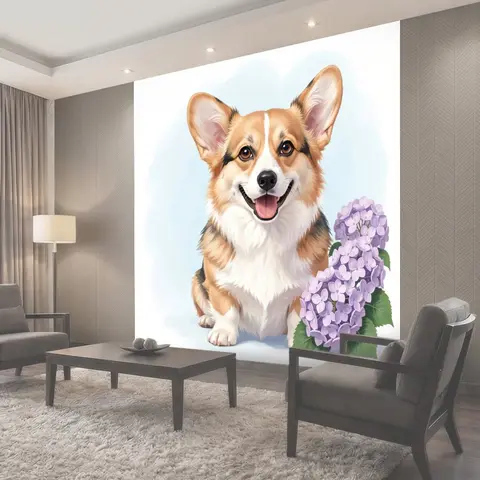 Фотообои Улыбающийся корги с гортензией