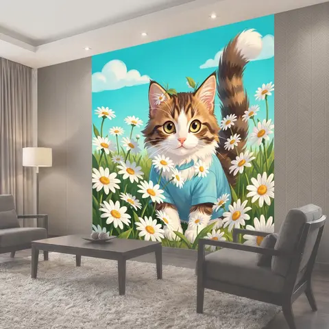 Фотообои Пушистый котёнок в ромашках