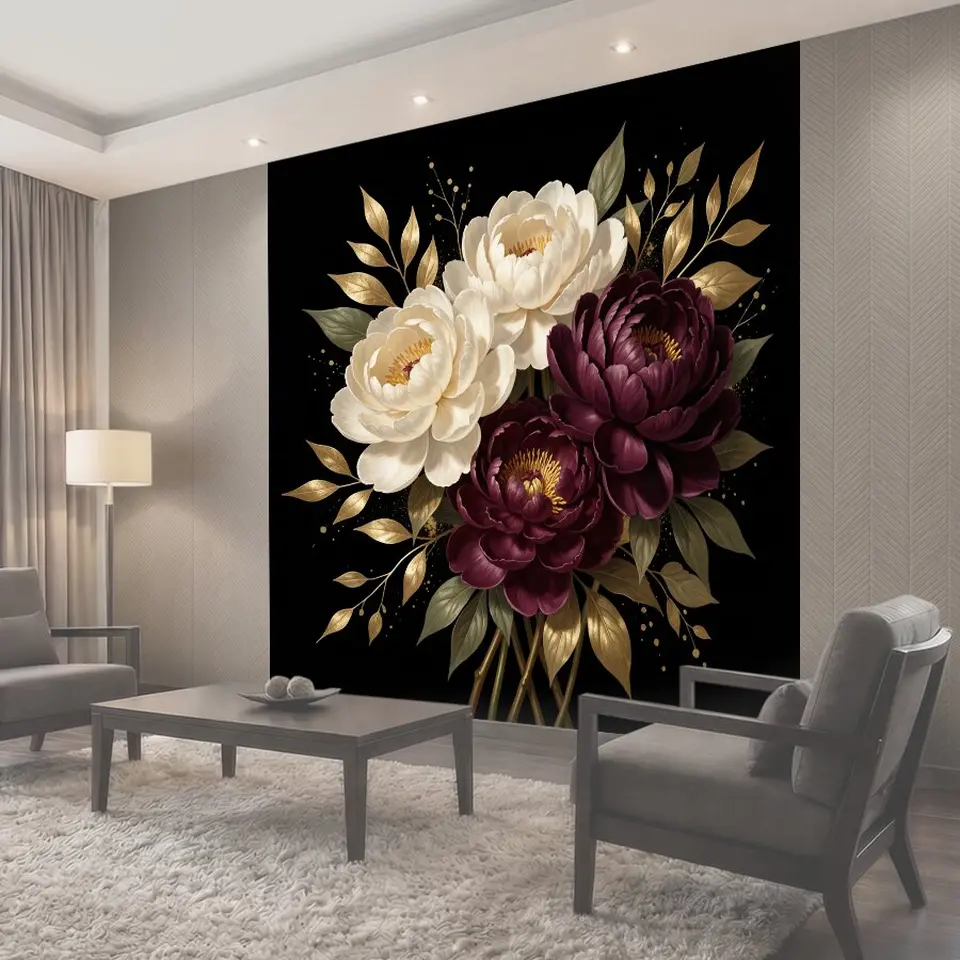 Фотообои Белые и бордовые пионы на черном фоне