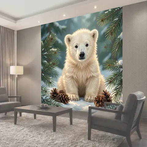 Фотообои Белый медвежонок в зимнем лесу