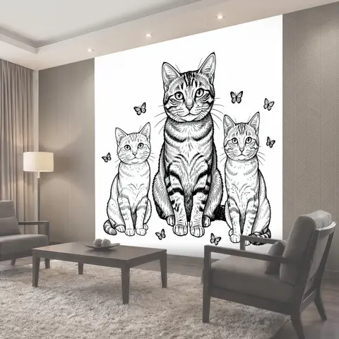 Фотообои Три кота в узорах и бабочки
