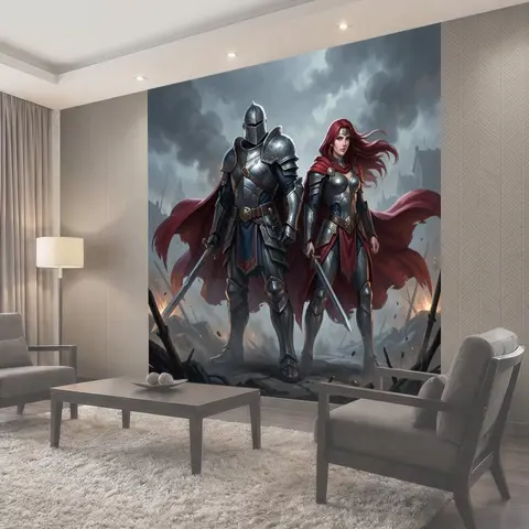Фотообои Рыцарь и воительница на поле боя