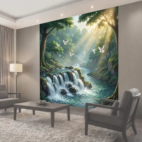 Фотообои Лесной водопад с белыми птицами