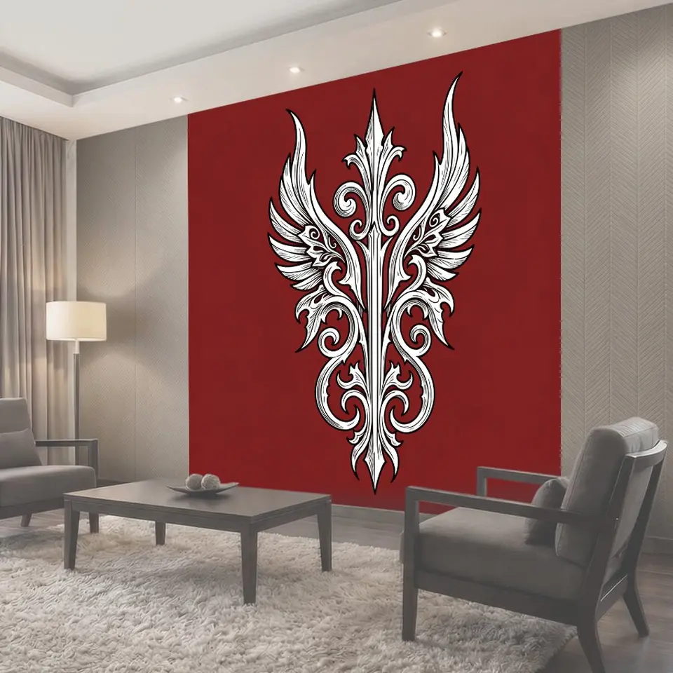 Фотообои Белый геральдический орнамент на бордовом фоне