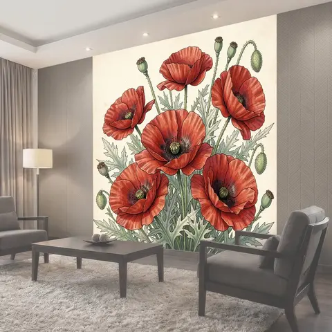 Фотообои Красные маки и бутоны