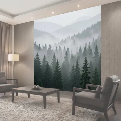 Фотообои Туманный хвойный лес в горах