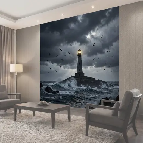 Фотообои Маяк в бурном море и стая птиц