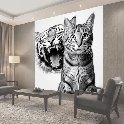 Фотообои Тигр и кот на белом фоне