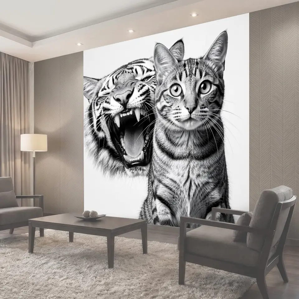 Фотообои Тигр и кот на белом фоне