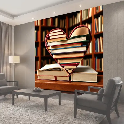 Фотообои Сердце, сделанное из старых книг, раскрытых и сложенных вместе, на фоне уютного уголка библиотеки