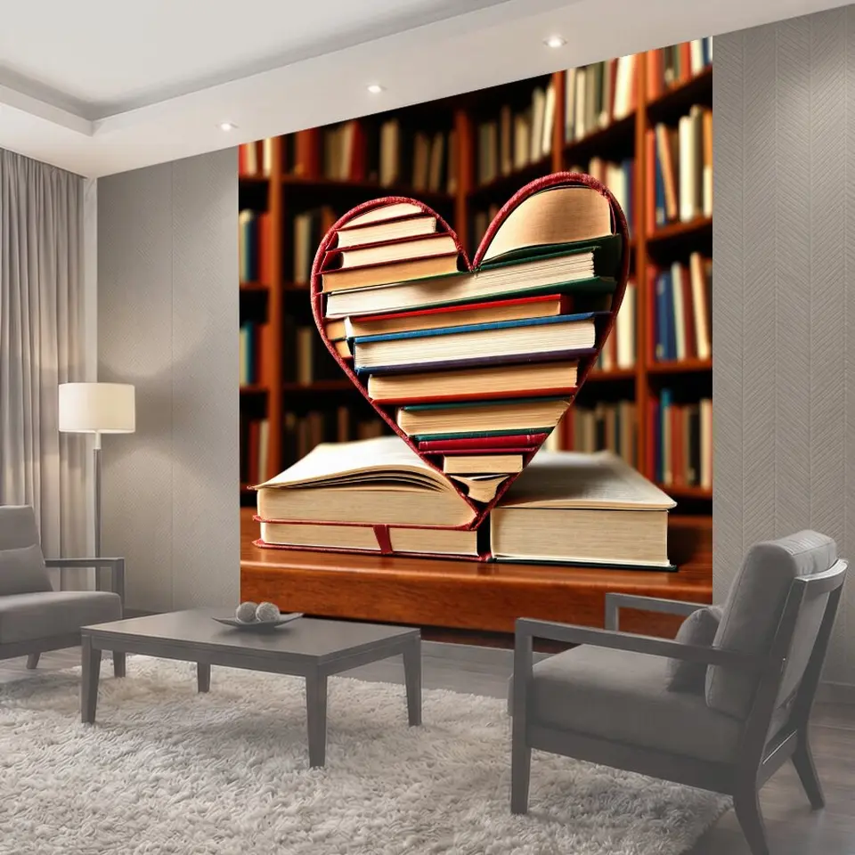 Фотообои Сердце, сделанное из старых книг, раскрытых и сложенных вместе, на фоне уютного уголка библиотеки