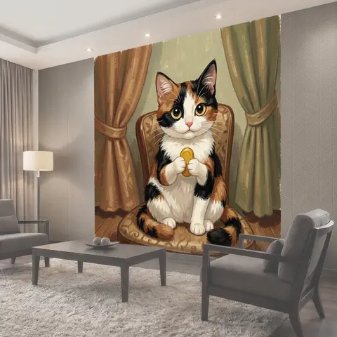 Фотообои Трехцветный кот с золотой игрушкой