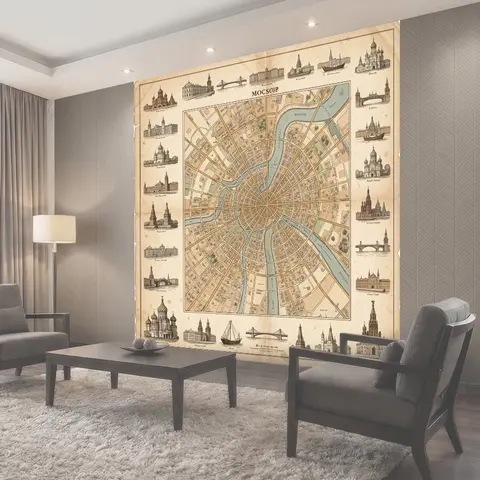 Фотообои Винтажная карта Москвы с достопримечательностями