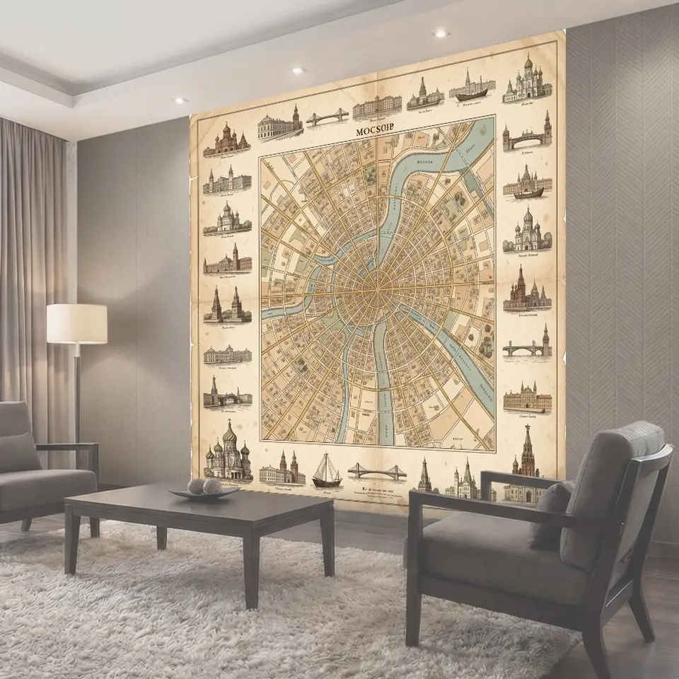 Фотообои Винтажная карта Москвы с достопримечательностями