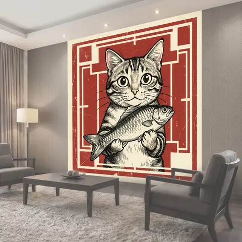 Фотообои Кот с большой рыбой. Иллюстрация полосатого кота