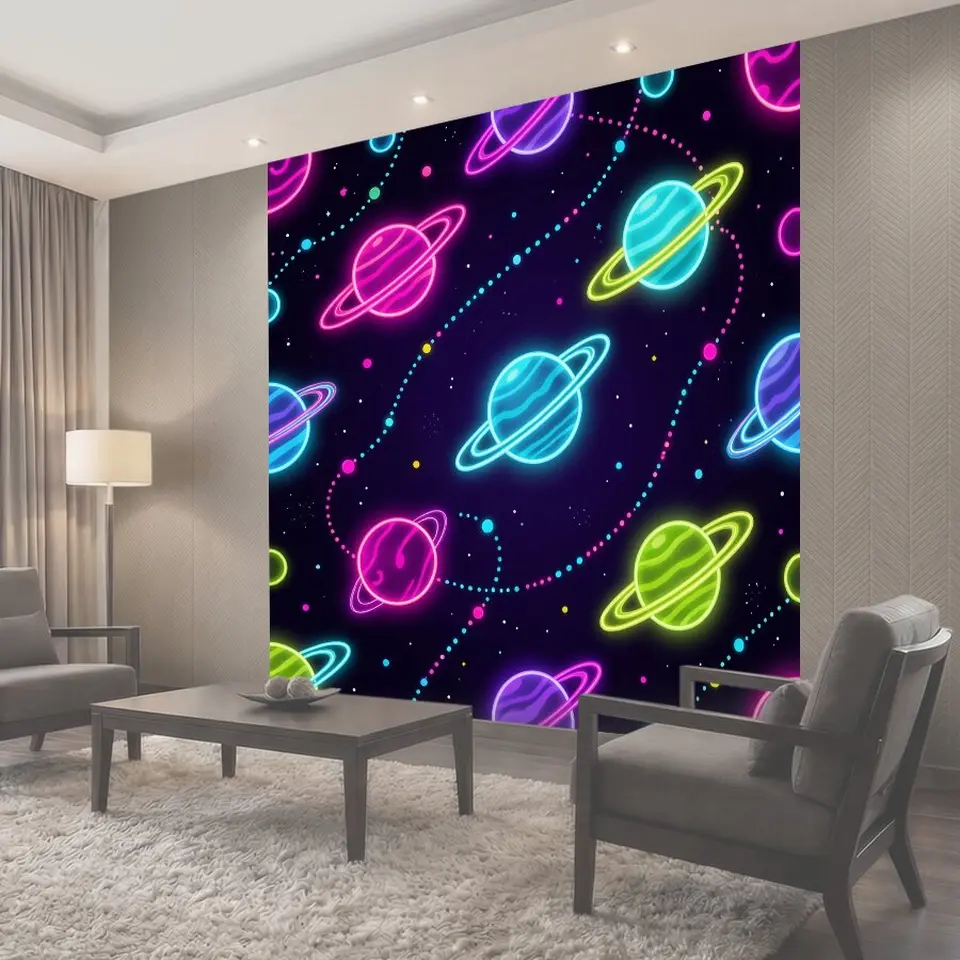 Фотообои Неоновые планеты в космическом круге