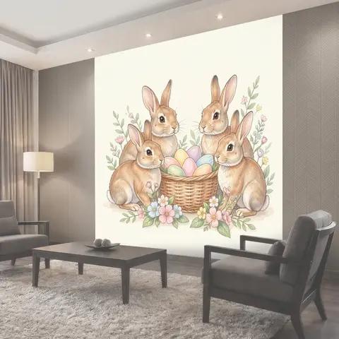 Фотообои Четыре зайца с пасхальной корзиной