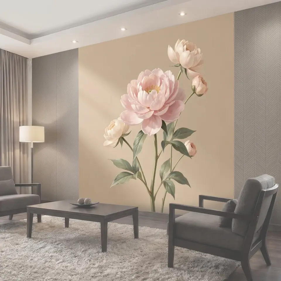 Фотообои Розовые пионы на бежевом фоне