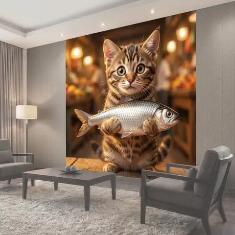 Фотообои Полосатый котенок с рыбой