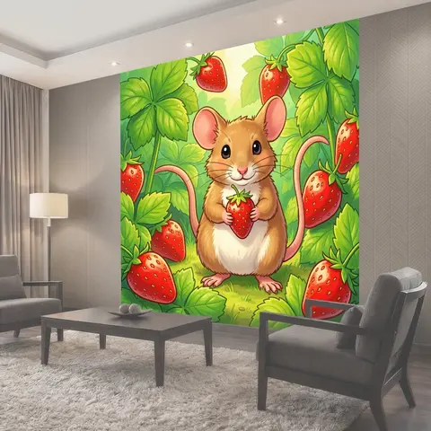 Фотообои Мышонок с клубникой в саду