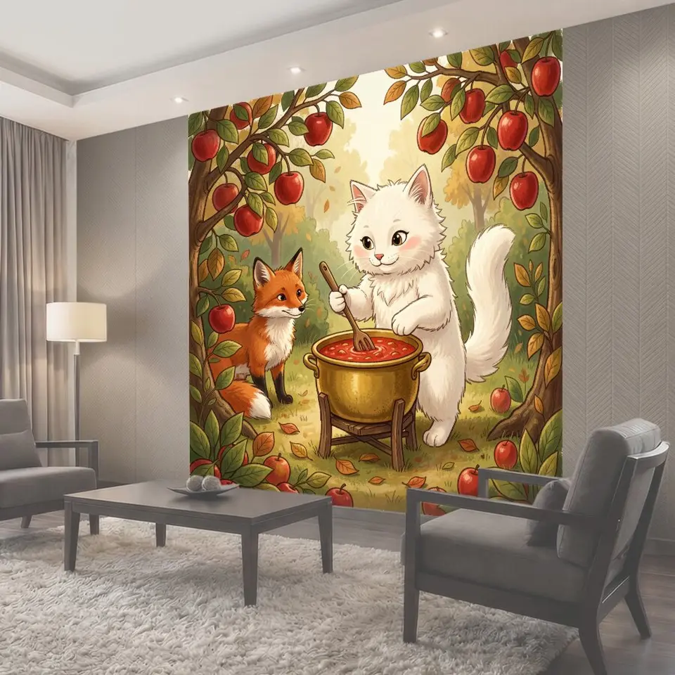 Фотообои Кот и лиса у котла с яблоками