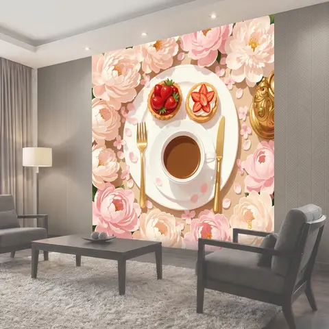Фотообои Чашка кофе с клубничными тартами