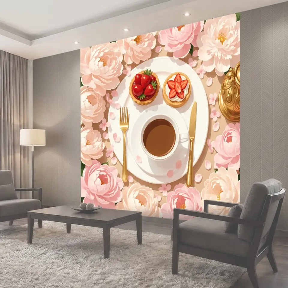 Фотообои Чашка кофе с клубничными тартами