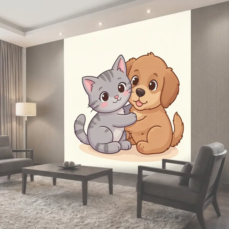 Фотообои Котёнок обнимает рыжего щенка