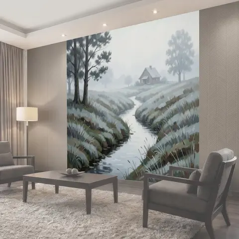 Фотообои Туманная деревня у ручья