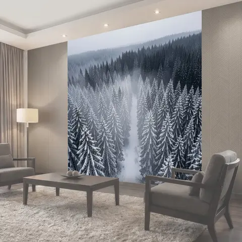 Фотообои Заснеженный хвойный лес с туманом