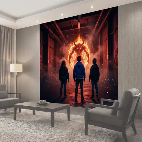 Фотообои Три фигуры перед пылающим чудовищем