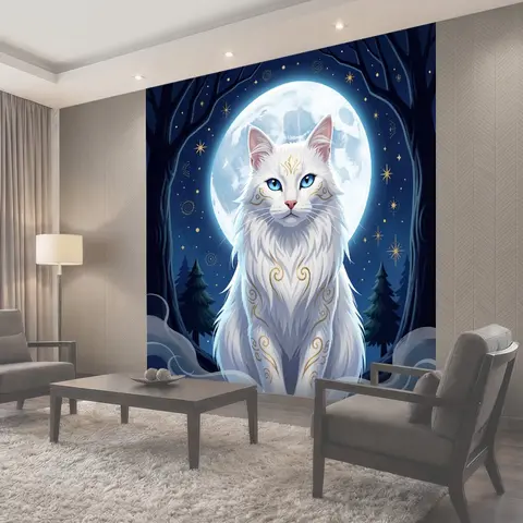 Фотообои Белая кошка под луной