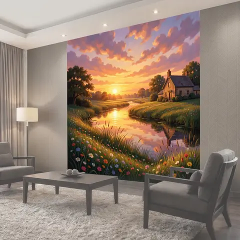 Фотообои Солнечный сельский пейзаж у реки