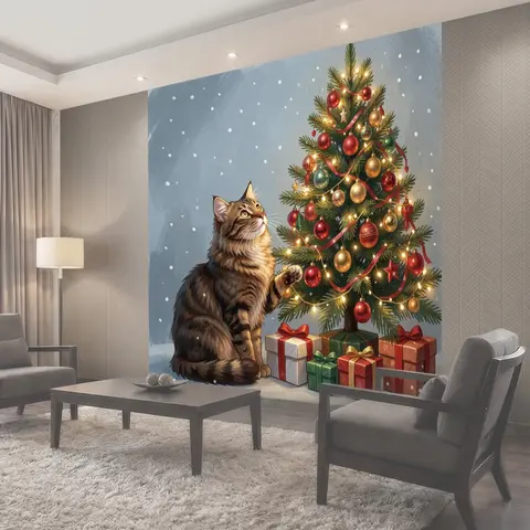 Фотообои Кот у новогодней елки