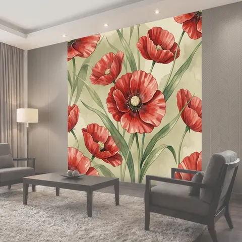 Фотообои Красные маки с зелёными листьями