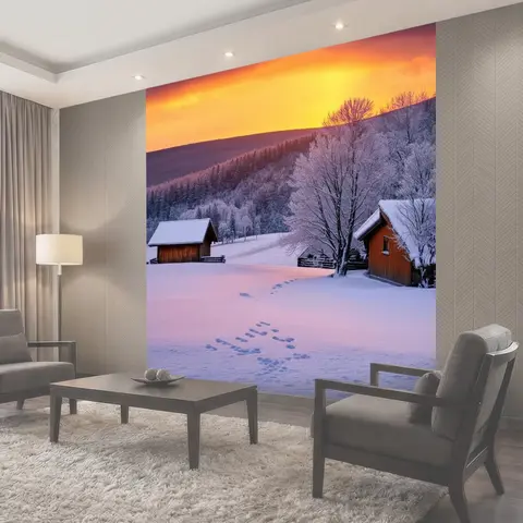 Фотообои Деревенский зимний пейзаж на закате