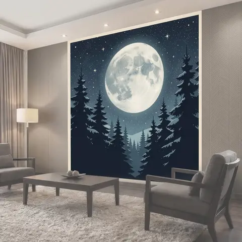 Фотообои Лунная ночь и силуэты елей