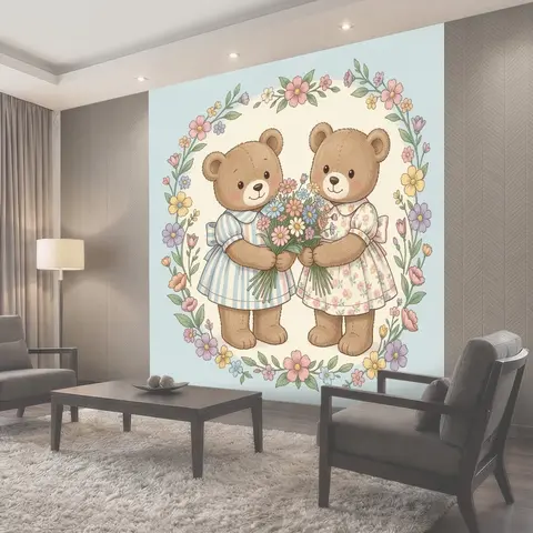 Фотообои Два медвежонка с букетом цветов