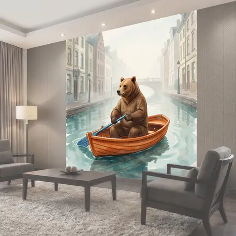 Фотообои Медведь в лодке на канале