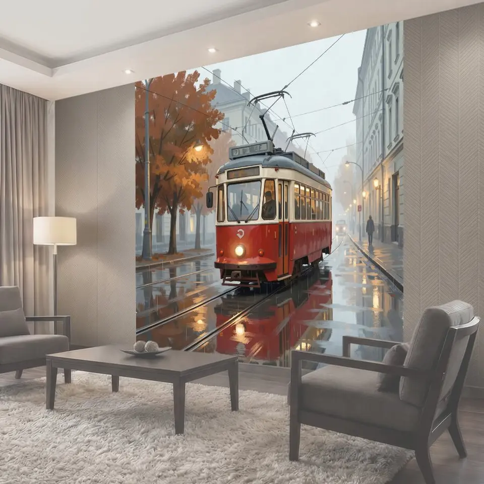 Фотообои Ретро трамвай на дождливой улице